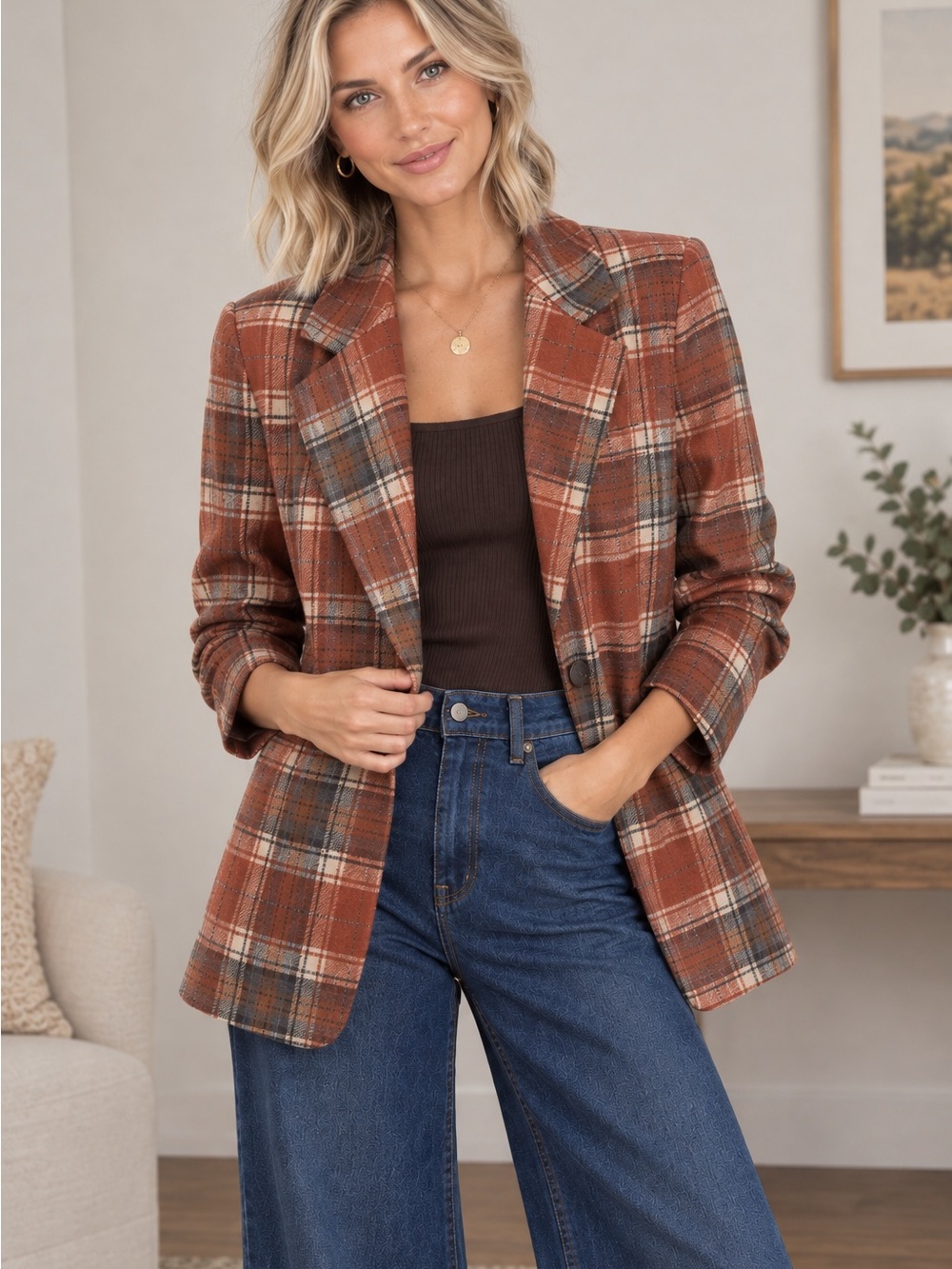 SHEIN Rust Plaid Notch Lapel Blazer